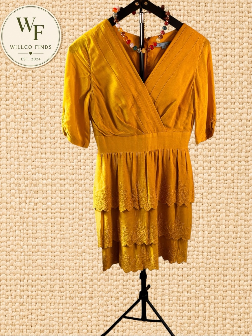 Antonio Melani Mustard Yellow Embroidered Tiered Dress Size 4